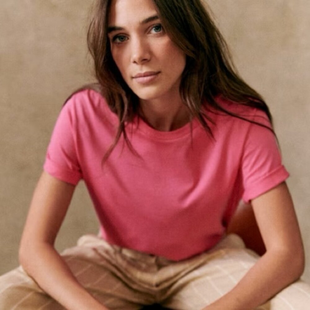 Sezane Bubblegum Pink Conrad Organic Cotton T-Shirt Size Large French Tee Crew L